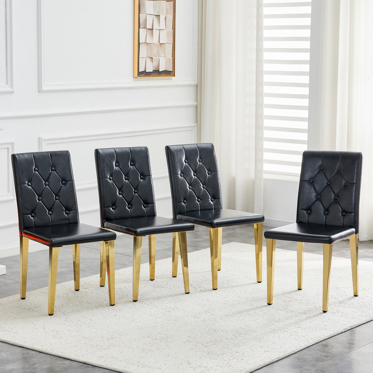 Wishdor Eetkamerstoelen Set Van 4 - Ruitgestikte Rugleuning En Comfortabele Zitting - Moderne Uitstraling - Voor Eethoek - Kunstleer En Metaal - Zwart Met Goudkleurige Poten - 89 X 45 Cm Zwart + Goud
