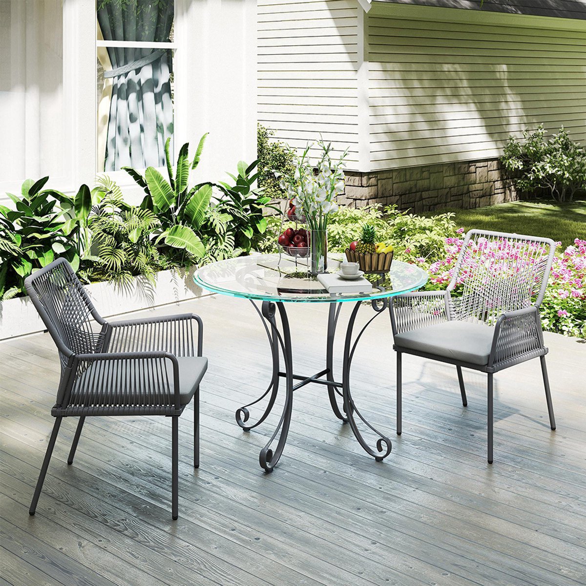 Pugsdrly Set van 2 tuinstoelen, terrasstoelen, wasbare kussens, rugleuning, armleuningen, staal, rotan, donkergrijs
