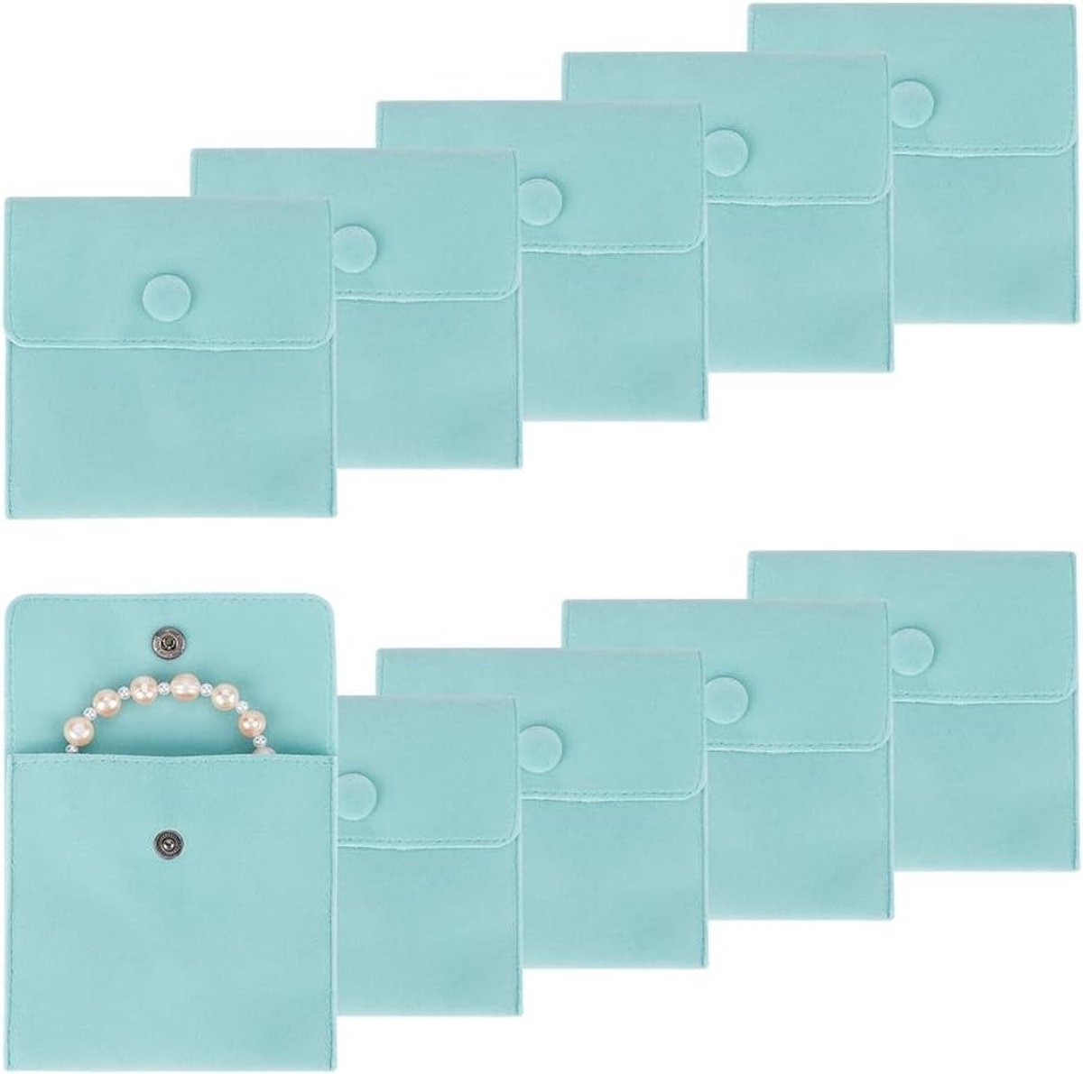 Set van 10 Fluwelen Sieraden Tassen, 10 x 10 x 1 cm, Kleine Cadeautassen voor Ringen, Kettingen en Oorbellen, Turquoise Fluwelen Opbergtassen