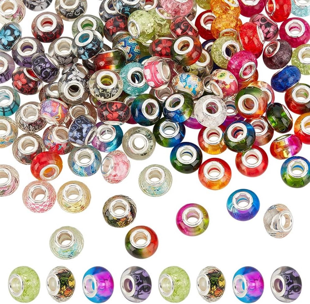 120 Stuks 4 Stijlen Europese Kralen, 5mm Grote Gat Crackle Hars Rondelle Kralen voor DIY Armbanden, Kettingen en Sieraden met Bloempatroon