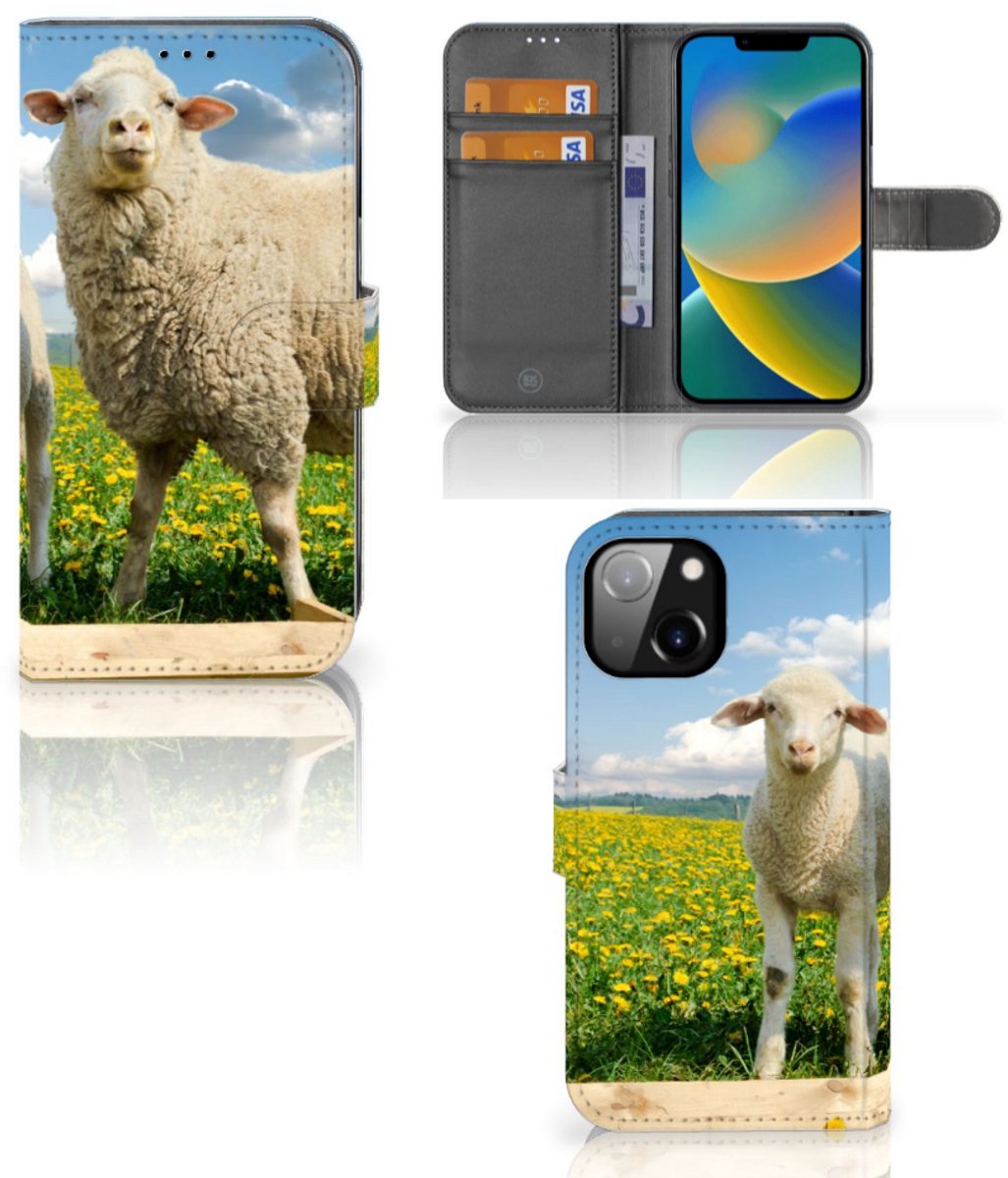 Apple iPhone 14 Telefoonhoesje met Pasjes Schaap en Lammetje