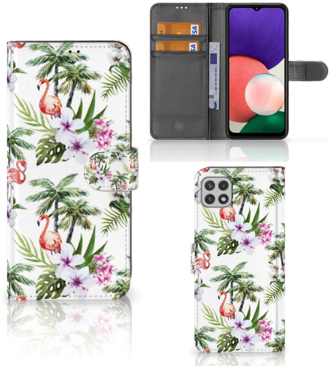 Samsung Galaxy A22 5G Telefoonhoesje met Pasjes Flamingo Palms
