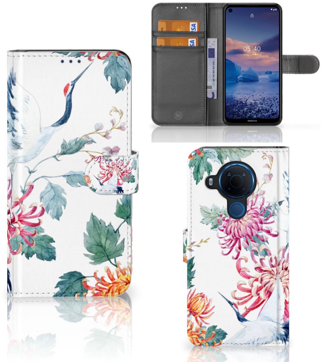 Nokia 5.4 Telefoonhoesje met Pasjes Bird Flowers