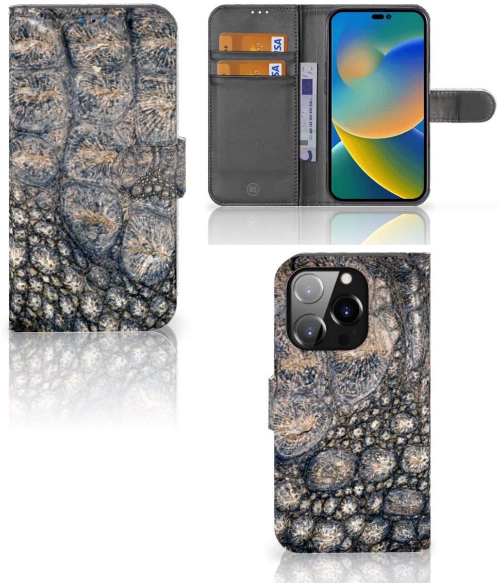 iPhone 14 Pro Telefoonhoesje met Pasjes Krokodillenprint
