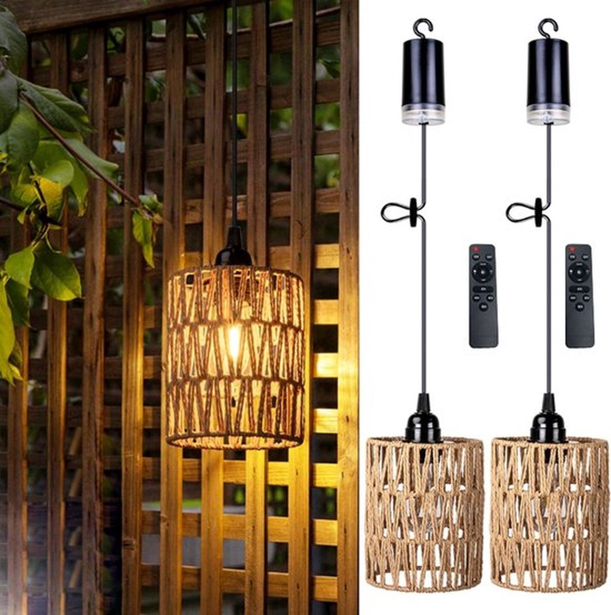 2 stuks Rotan Kroonluchter - Hanglamp op batterijen - Boheemse Rotan Lampen met Warmwitte Lamp - Werkt op 4 AA-batterijen - voor tuinhuisje, pergola, veranda, terras, buiten- en binnendecoratie