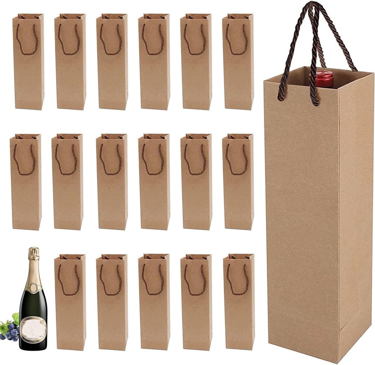 Kraft wijn geschenkzakken met handvat, set van 20, ideaal voor bruiloften en feesten, bruine wijnzakken voor flessen, cadeauverpakkingen, wijnaccessoires