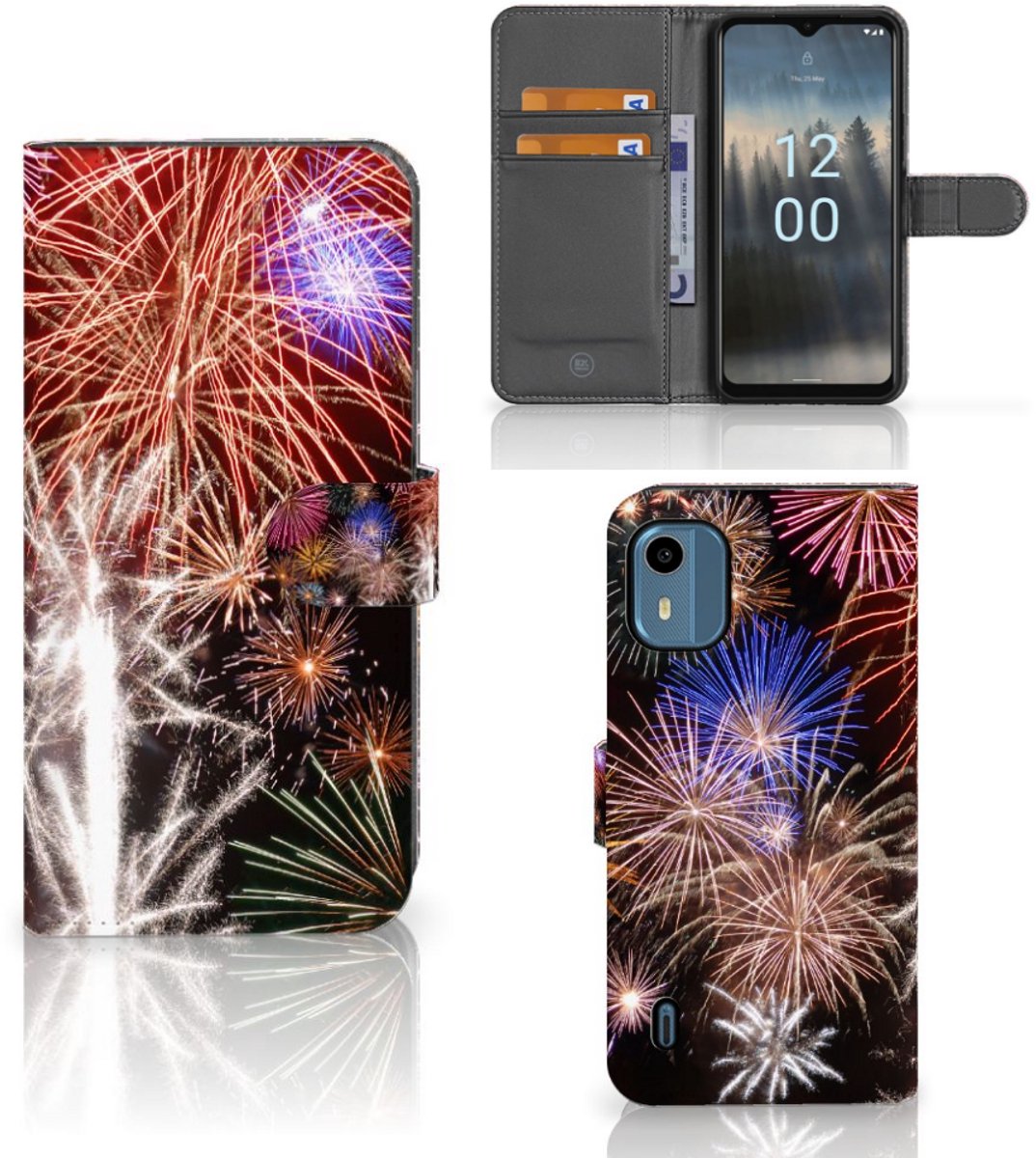Book Case voor Nokia C12 Wallet Case met Pasjes Vuurwerk