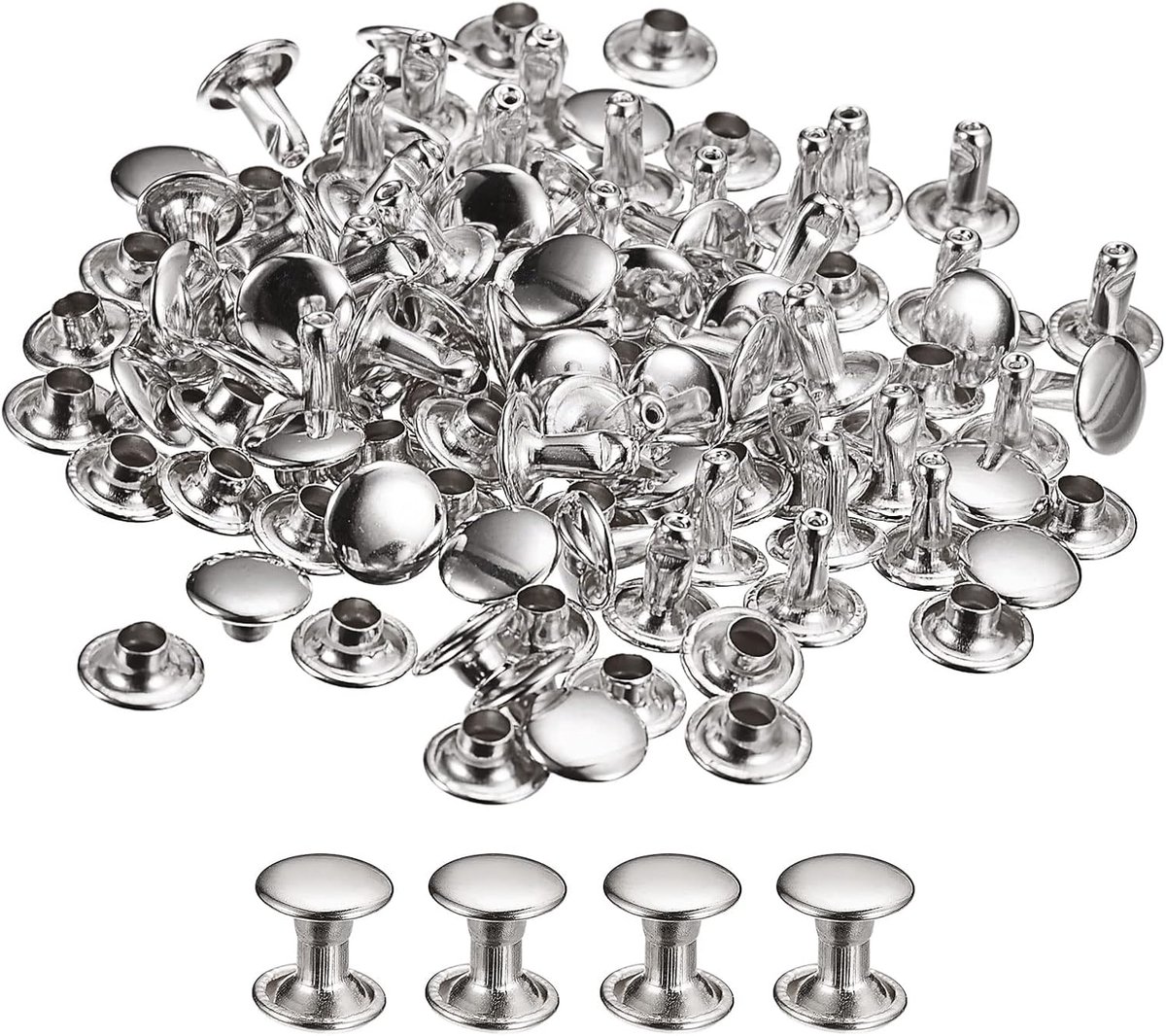 KARZO Set van 50 Leren Rivets, 8 mm Ronde Rivets, Holle Rivets, Dubbele Kap, Rivets, 8 mm Hoog, Metalen Rivets voor Leer, Ambachten, Reparatie, DIY Portemonnee