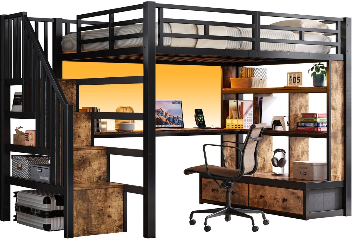 Merax Hoogslaper 140x200 - Met Bureau - Opbergkast Trap - LED Verlichting met Afstandsbediening - Metalen Bed met Laden en Planken - Zwart