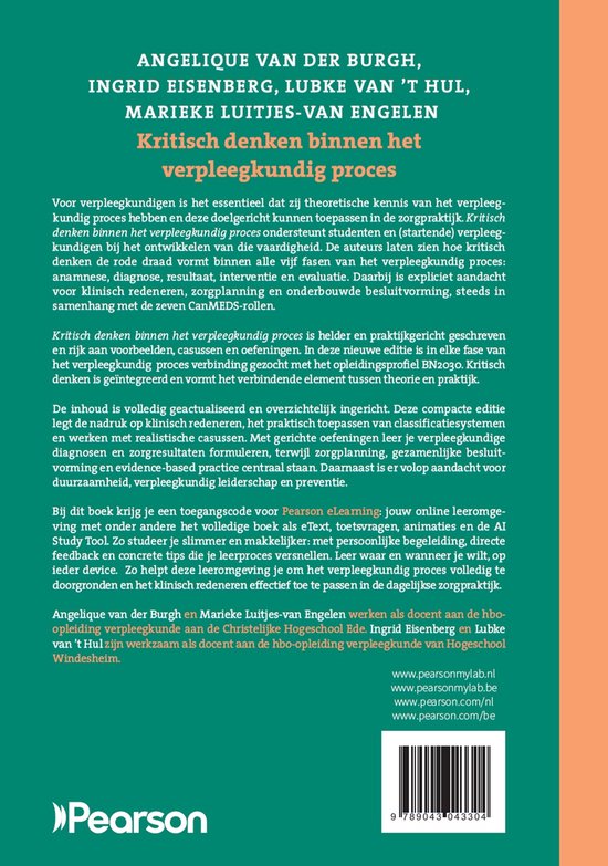 Boek met de titel 'Kritisch denken binnen het verpleegkundig proces' van diverse auteurs, met ISBN en Pearson logo.