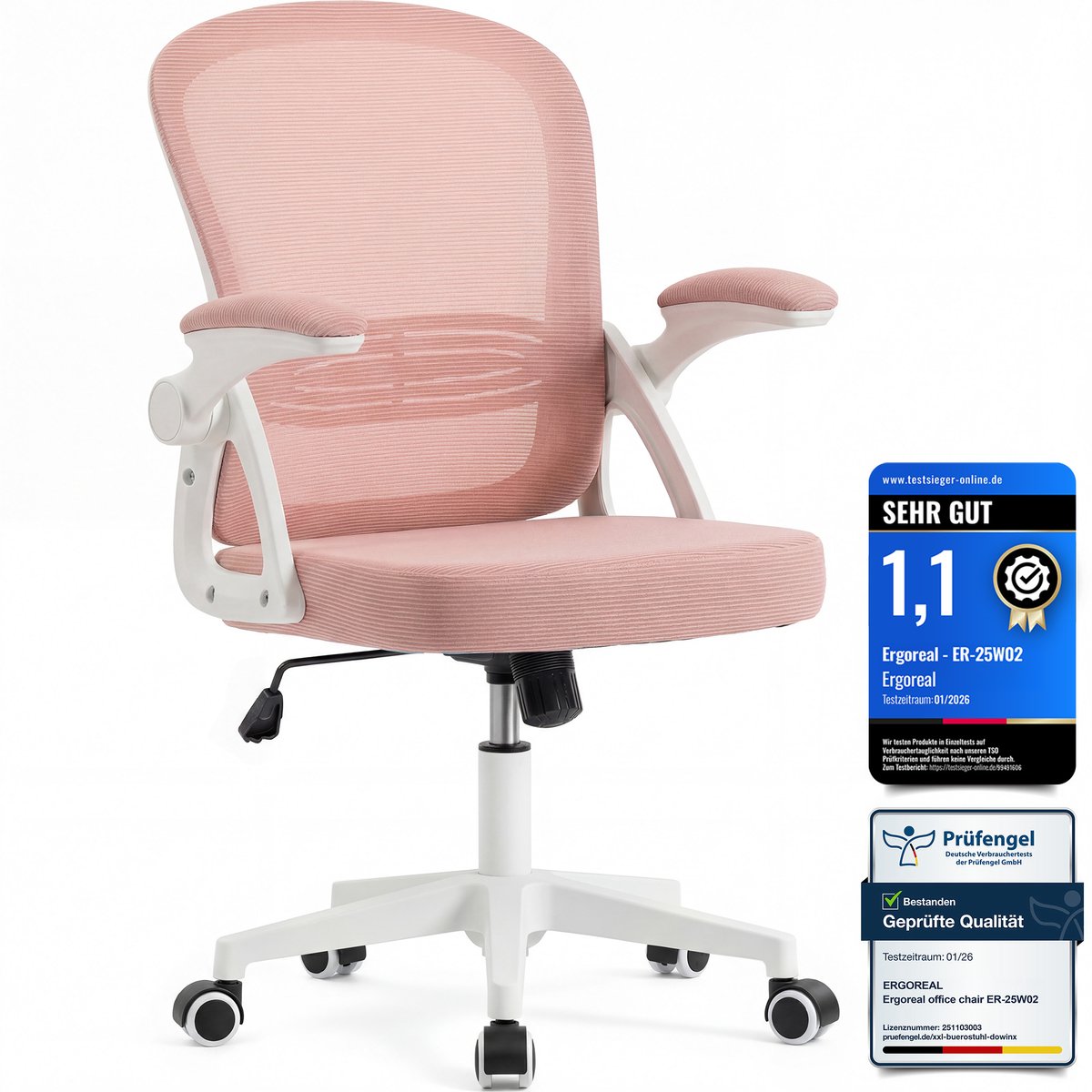 Bureaustoel - Ergonomische Stoel - Fauteuil met 90° opklapbare armleuning - In hoogte verstelbaar - Roze