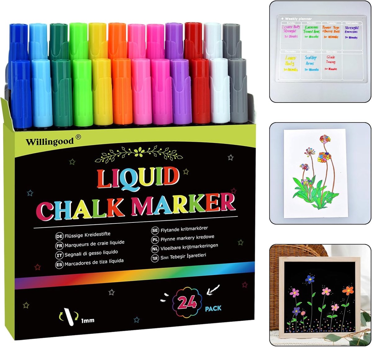 Whiteboard Marker Set van 24 in 12 Kleuren - Liquid Chalk Pens - Erasable Window Pens - Chalkboard Marker voor Chalkboard, Whiteboard, Vensters, Glas, Fijne Punt, Perfect Cadeau