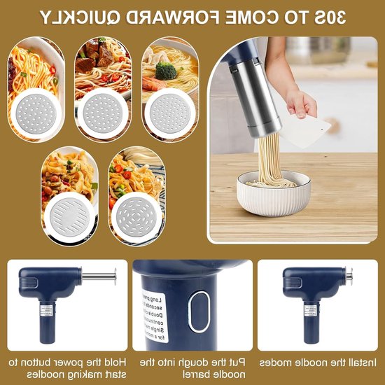 Draagbare pastamaker met 7 accessoires, oplaadbare machine voor heerlijke spaghetti en fettuccine, ideaal voor thuisgebruik en eenvoudig te bedienen van Merkloos — afbeelding 3
