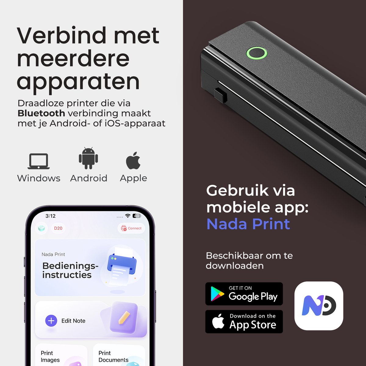Dynabright Draadloze Thermische Printer - USB/USB-C - Pocket Printer voor Smartphone - Incl 2 rollen Papier - Draagbare Mini Printer voor Mobiel, Tablet en Laptop – A4 / US Letter - Thuis / School / Onderweg - Bluetooth — afbeelding 3