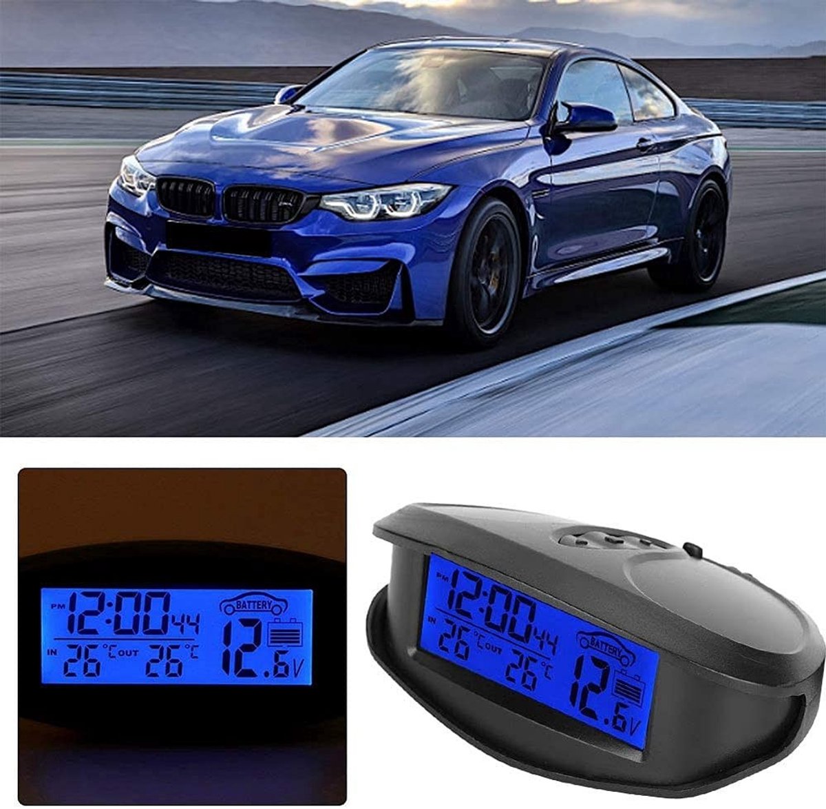 Dailygoods - Dailygoody - Elektronische auto-thermometer - Digitale klok - Spanningsindicator met LED-display - Zwart - Gekoelde thermometer - Geschikt voor auto -...