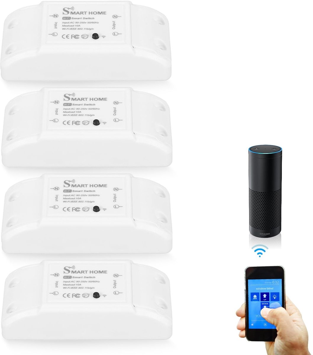 Dailygoods - Dailygoody - WiFi Lichtschakelaar - Compatibel met Alexa en Google Home - 4-delig - Slimme verlichting - Draadloze bediening - Geschikt voor thuis - W