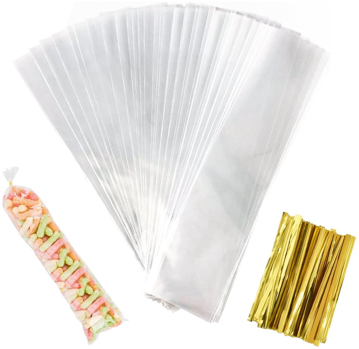 Dailygoods - Dailygoody cadeauzakjes - 100 stuks - Transparant - Gouden kabelbinders - Perfect voor kinderverjaardag - Gastgeschenken