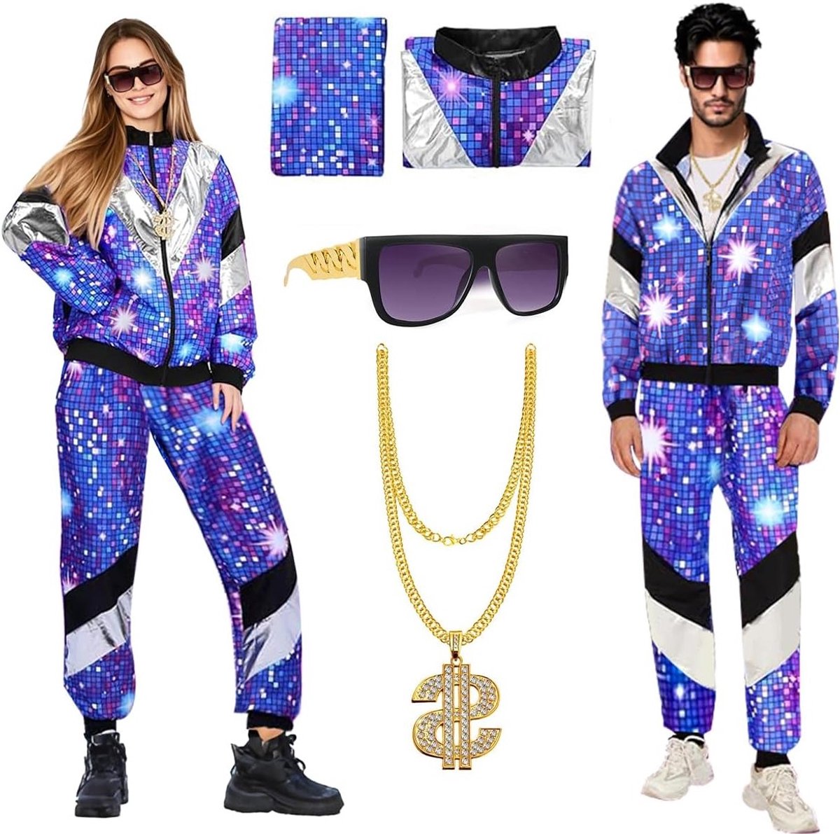 Retro 80s kostuum voor mannen en vrouwen met jas, broek, ketting en zonnebril voor carnaval en Halloween, perfect voor themafeesten en nostalgische evenementen