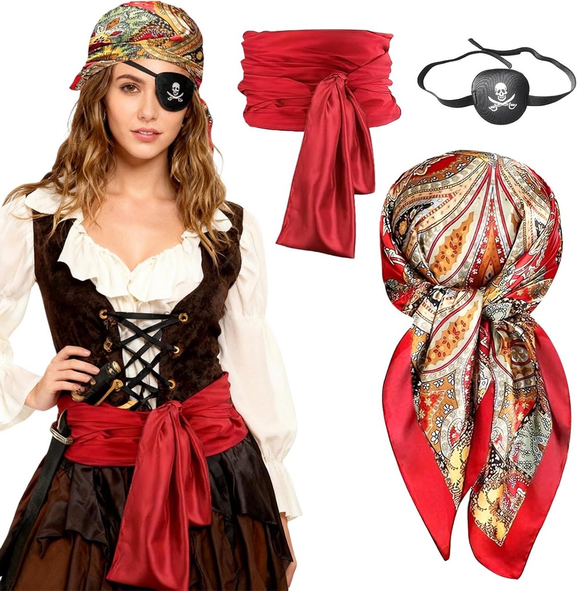 3-delige Piraten Kostuum Accessoires voor Mannen en Vrouwen - Piraten Ooglapjes, Hoofddoek en Sjerp voor Carnaval, Halloween en Cosplay Feesten