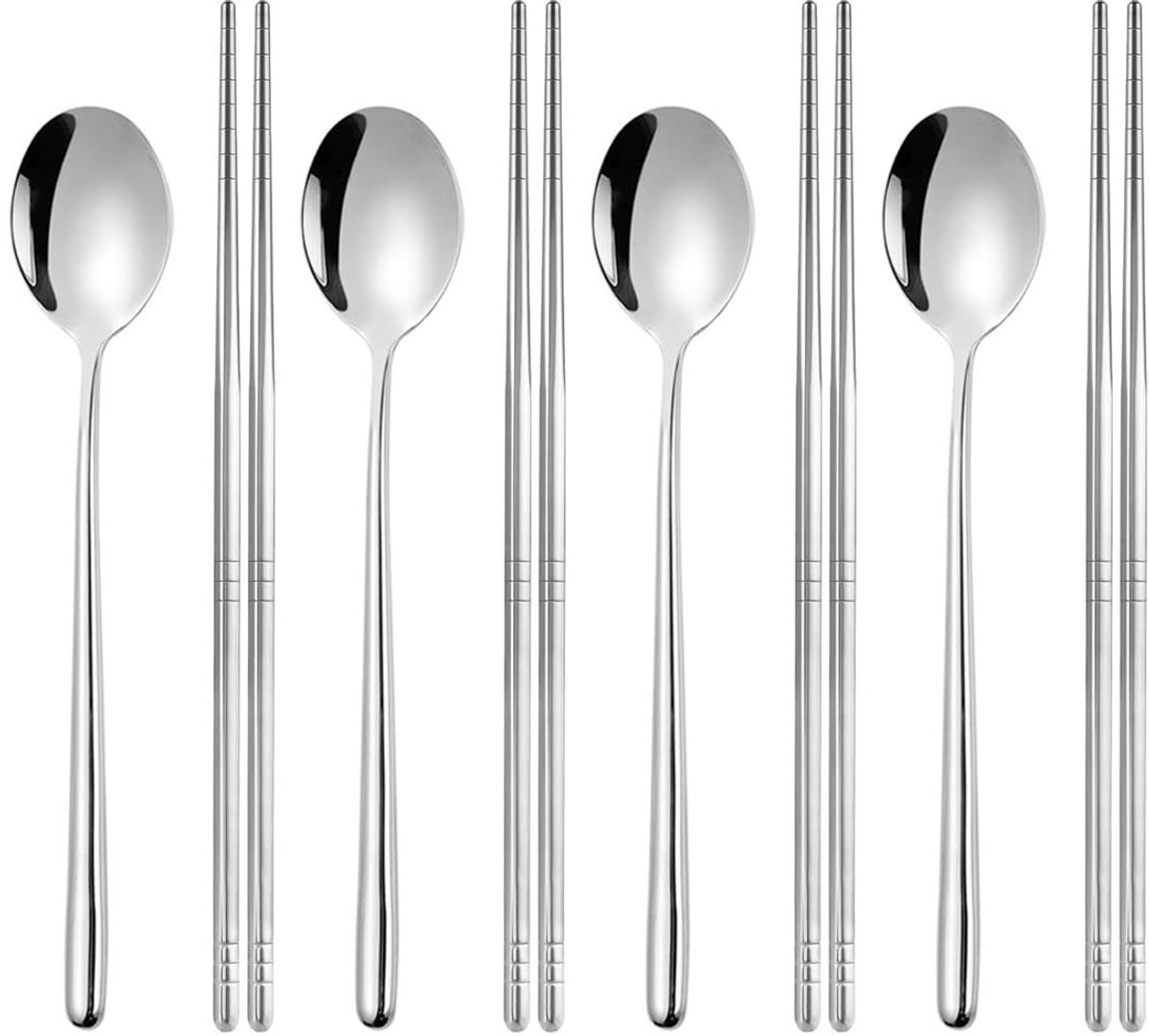 Dailygoods - Dailygoody - Eetstokjes en lepelset - Roestvrij staal - Duurzaam en herbruikbaar - Zilver - Geschikt voor thuis en restaurant - Ideaal voor Korea