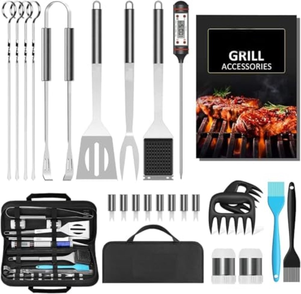 25-delige barbecue-gereedschapsset, roestvrijstalen grillaccessoires met draagtas