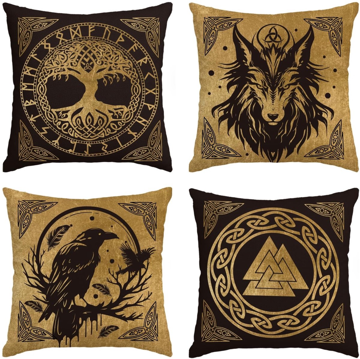 Dailygoods - Dailygoody - Kussenslopen - Set van 4 - 45 x 45 cm - Gouden Viking Runen - Decoratie voor Woonkamer - Odin Levensboom Kussen Covers