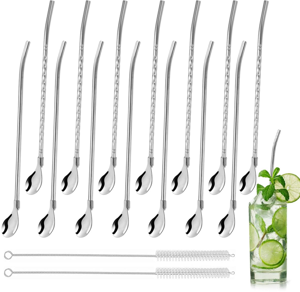 Dailygoods - Dailygoody - Set van 16 rietjes met lepel - 2-in-1 rietjes voor dranken - zilver - roestvrij staal - herbruikbaar - ideaal voor milkshakes en coc