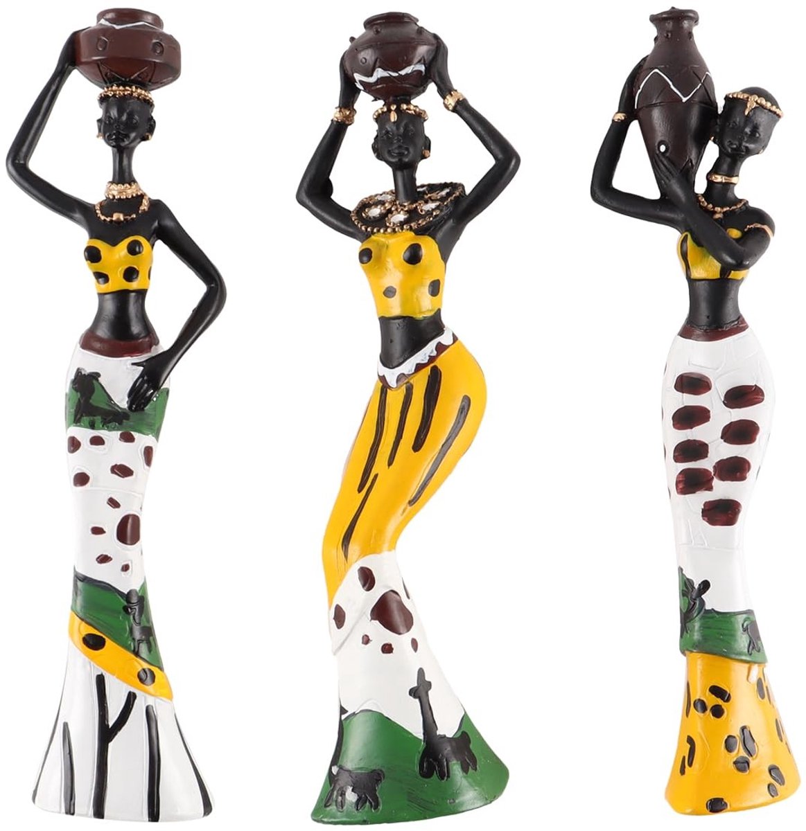 Dailygoods - Set van 3 Handbeschilderde Afrikaanse Sculpturen voor Huisdecoratie