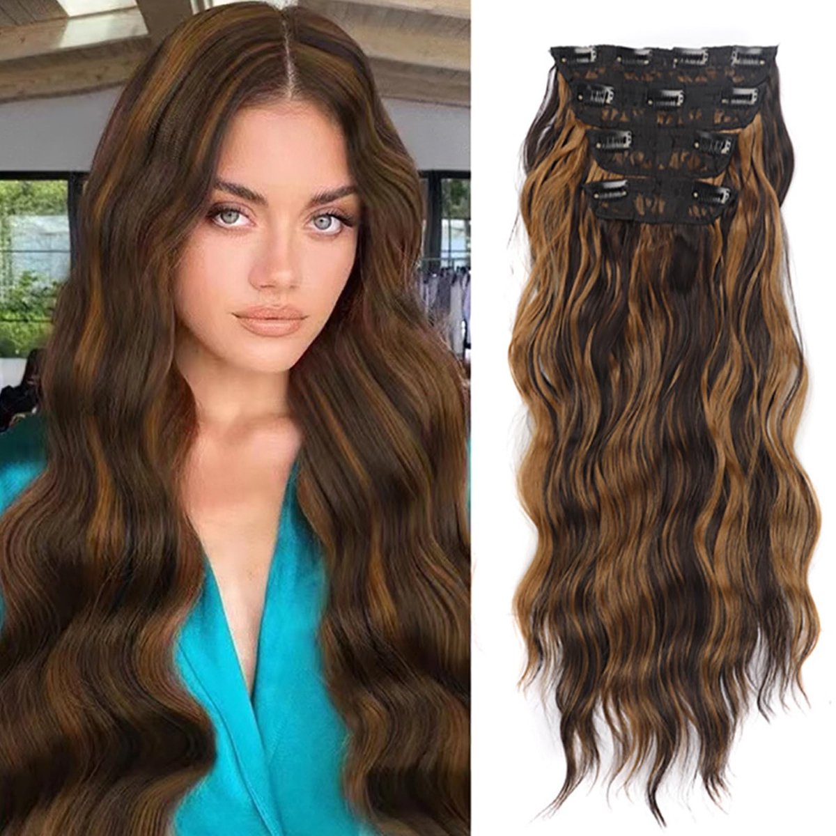 Dailygoods - Clip-in Haarextensions, 4 Stuks, 55 cm Bruin Synthetisch Haar
