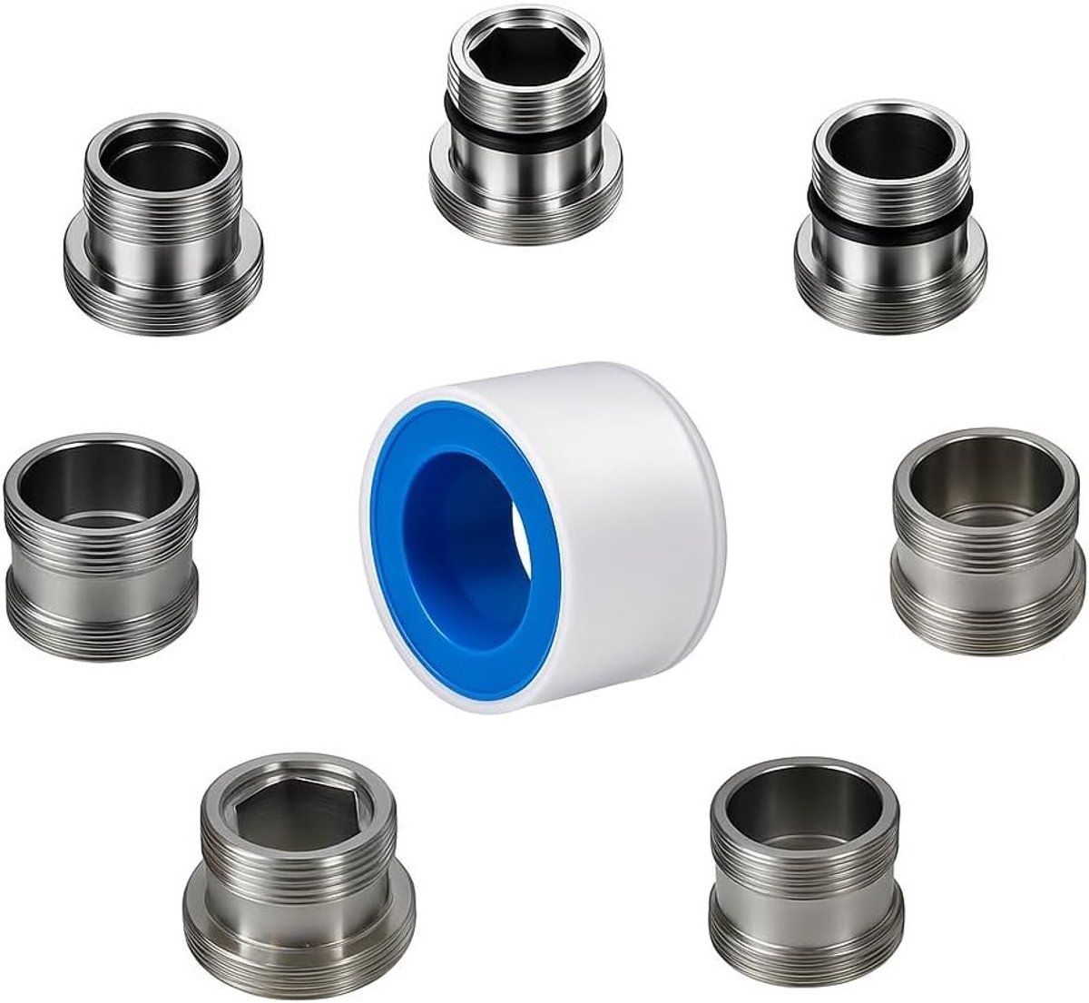 Complete Set van 7 Stuks Kraanadapter met Spool, Mannelijke Draad M16 tot M28, Inclusief Afdichtring en PTFE Tape voor Eenvoudige Installatie