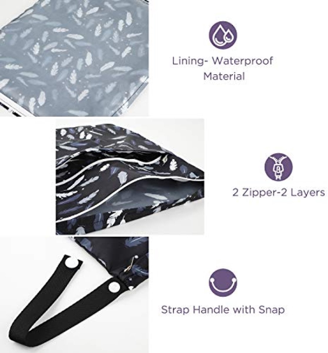 Luiertas Organizer 4-delig - Herbruikbare Waterdichte luiertas voor natte luiers & vuile kleding - Geschikt voor baby, strand, zwembad, sportschool - Zwart met veerpatroon