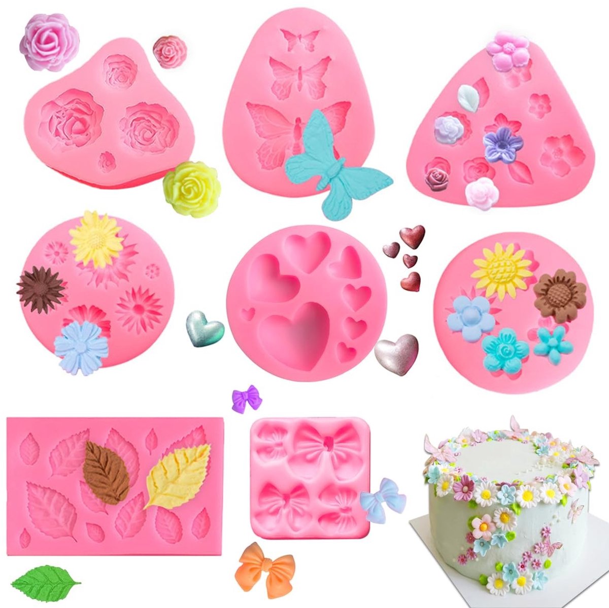 Dailygoody - Siliconen vormen - 3D bloemen en bladeren - Duurzaam en hittebestendig - Roze - Fondant mallen - Geschikt voor cake en zeep