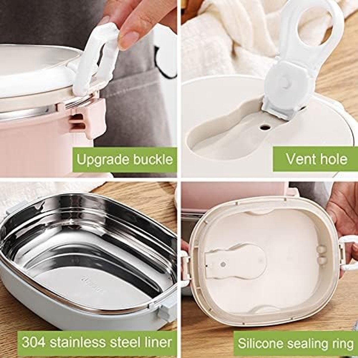 Dailygoody - OmGoods - Dailygoody - Thermische lunchbox - Roestvrij staal - Dubbele handgreep - Draagbaar - Voedselcontainer - Luchtdoorlatend - 3 lagen - Geschikt voor