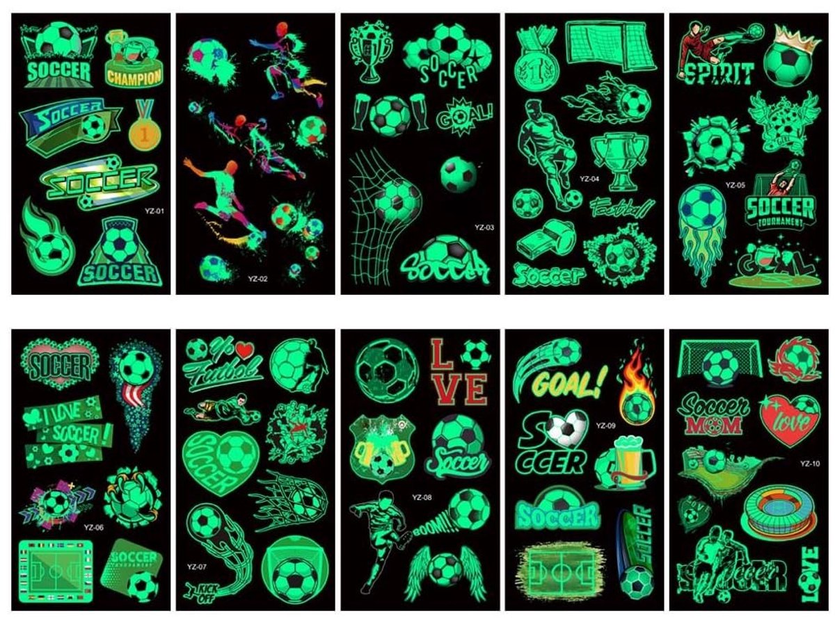 Dailygoody - Lichttatoeages voor kinderen - Voetbal - Oplichtend in het donker - 10 vellen - Kindertatoeages - Perfect voor schoolkinderen - Cadeau vo..
