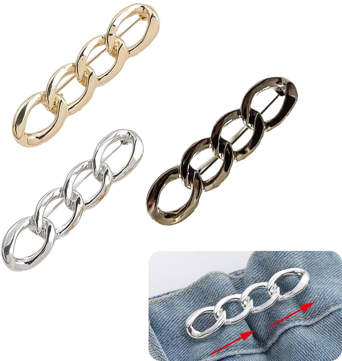 Dailygoody - Kissta Knoopstiften - Verstelbare Tailleband - Geschikt voor Jeans en Broeken - Goud Zilver Gunmetal - 3 Stuks - Perfect voor Rokken en B.