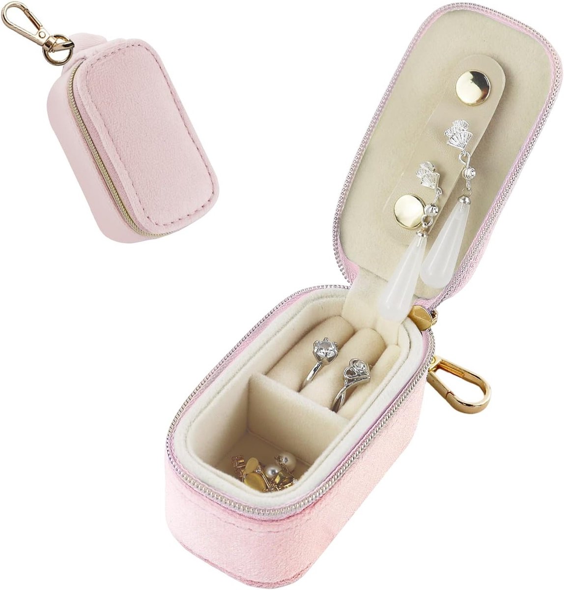 Draagbare Reiskosmetiekoffer voor Vrouwen met Sleutelhanger, Fluwelen Sieradenbox voor Kettingen, Ringen en Oorbellen (Roze)