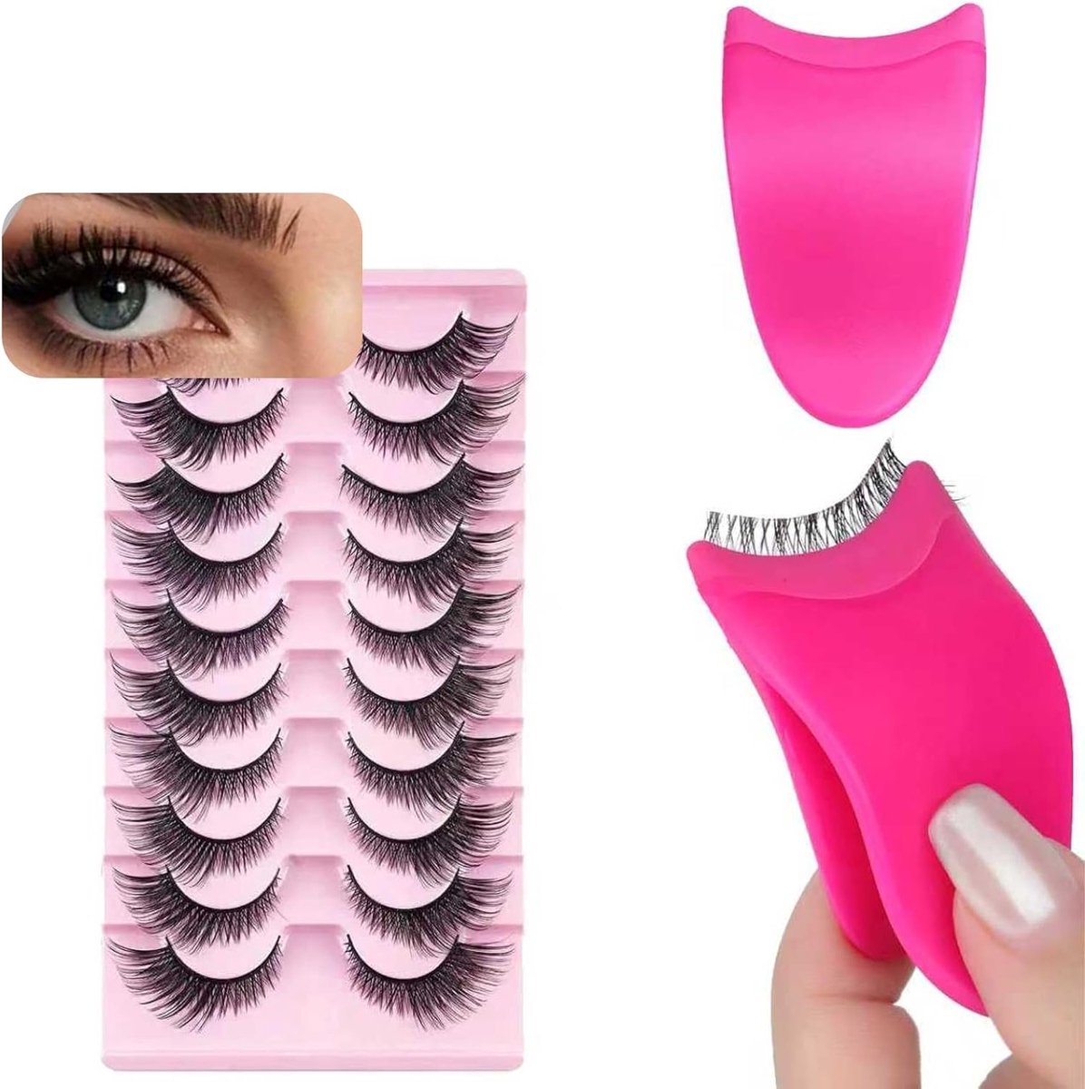 Natuurlijke Valse Wimpers voor een Fluffy Look - Wispy Fox Eye Wimpers met 3D Effect, 10 Paar Inclusief Roze Siliconen Wimperpincet
