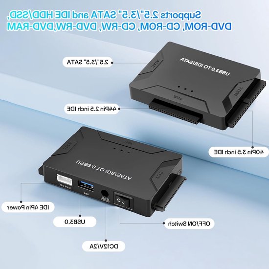 USB 3.0 naar IDE/SATA Hard Drive Adapter voor 2.5" en 3.5" HDD, 5Gbps, Compatibel met Windows en Linux, Met Voedingsschakelaar — afbeelding 2