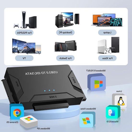 USB 3.0 naar IDE/SATA Hard Drive Adapter voor 2.5" en 3.5" HDD, 5Gbps, Compatibel met Windows en Linux, Met Voedingsschakelaar — afbeelding 3