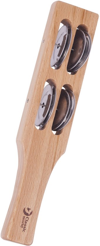 Houten tamboerijn met vier zilverkleurige schellen.