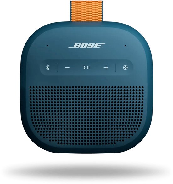 Blauwe Bose SoundLink Micro luidspreker met oranje lus, Bose logo en bedieningsknoppen.