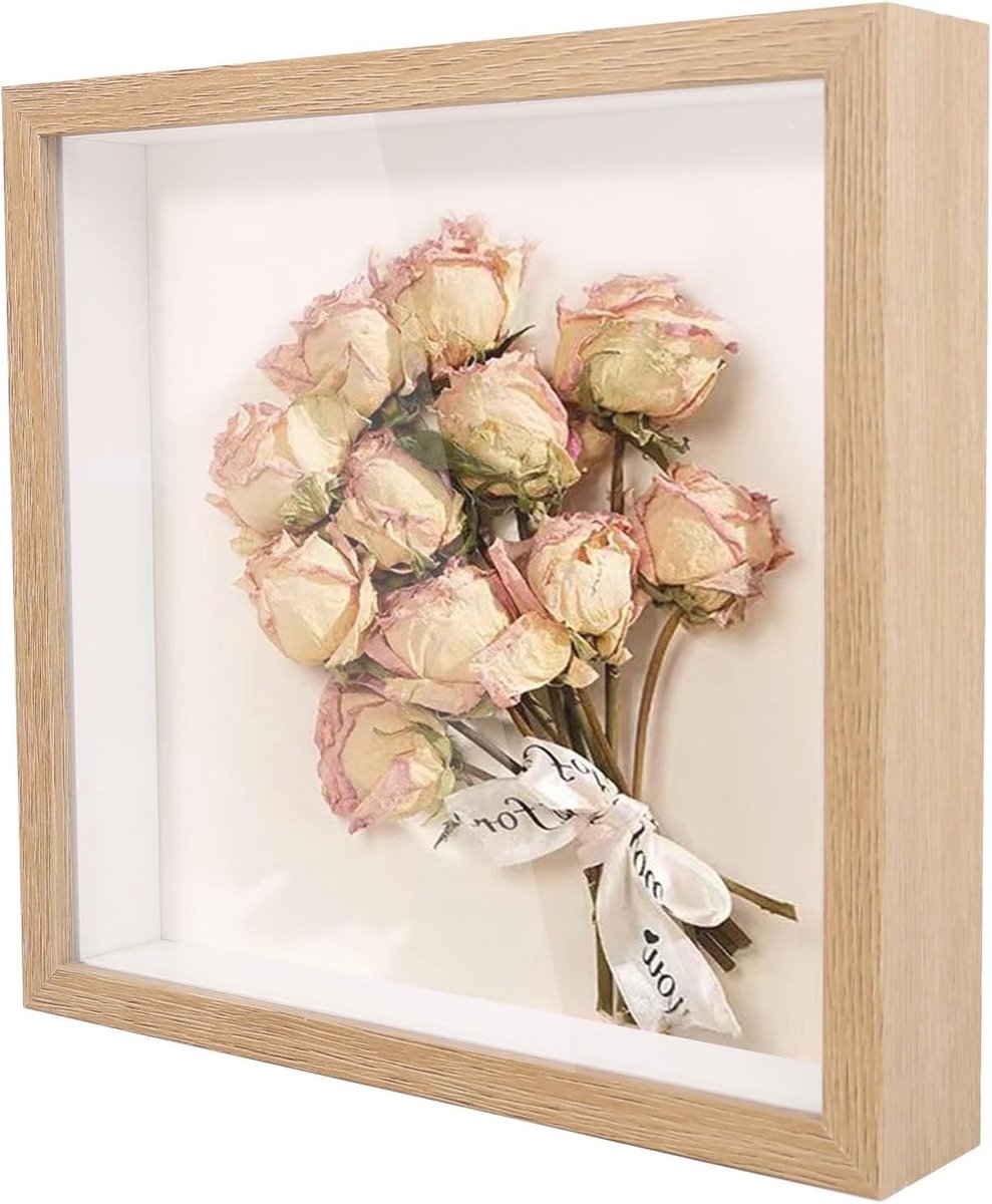 Diepte Foto Lijst 20 x 20 cm, 3D Lijst voor Bruidsboeketten en Creatieve Decoratie, Houten Kleur, Uniek en Stijlvol