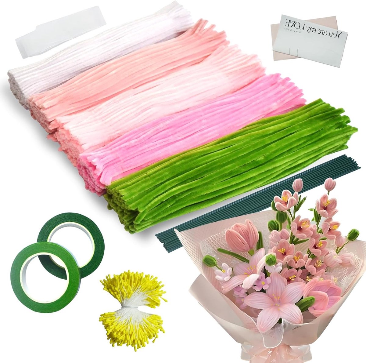 Creatieve DIY Knutselset met 5 Kleuren Pijpenragers, Bloemstelen, Lijm, Bloemenzakken en Instructies voor Handgemaakte Decoraties