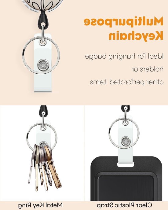 Floral Print Retractable Badge Reel met Sterke ABS Body en RVS Veer, 24 inch Nylon Touw en Carabiner voor Sleutelhanger en Badgehouder — afbeelding 3
