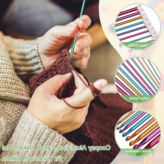 Tunisian Haaknaalden Set van 11 Stuks van Aluminium, 2-8 mm, Ideaal voor Tapijten, Dekens en Beginners, 27 cm Lang met Accessoires — afbeelding 3
