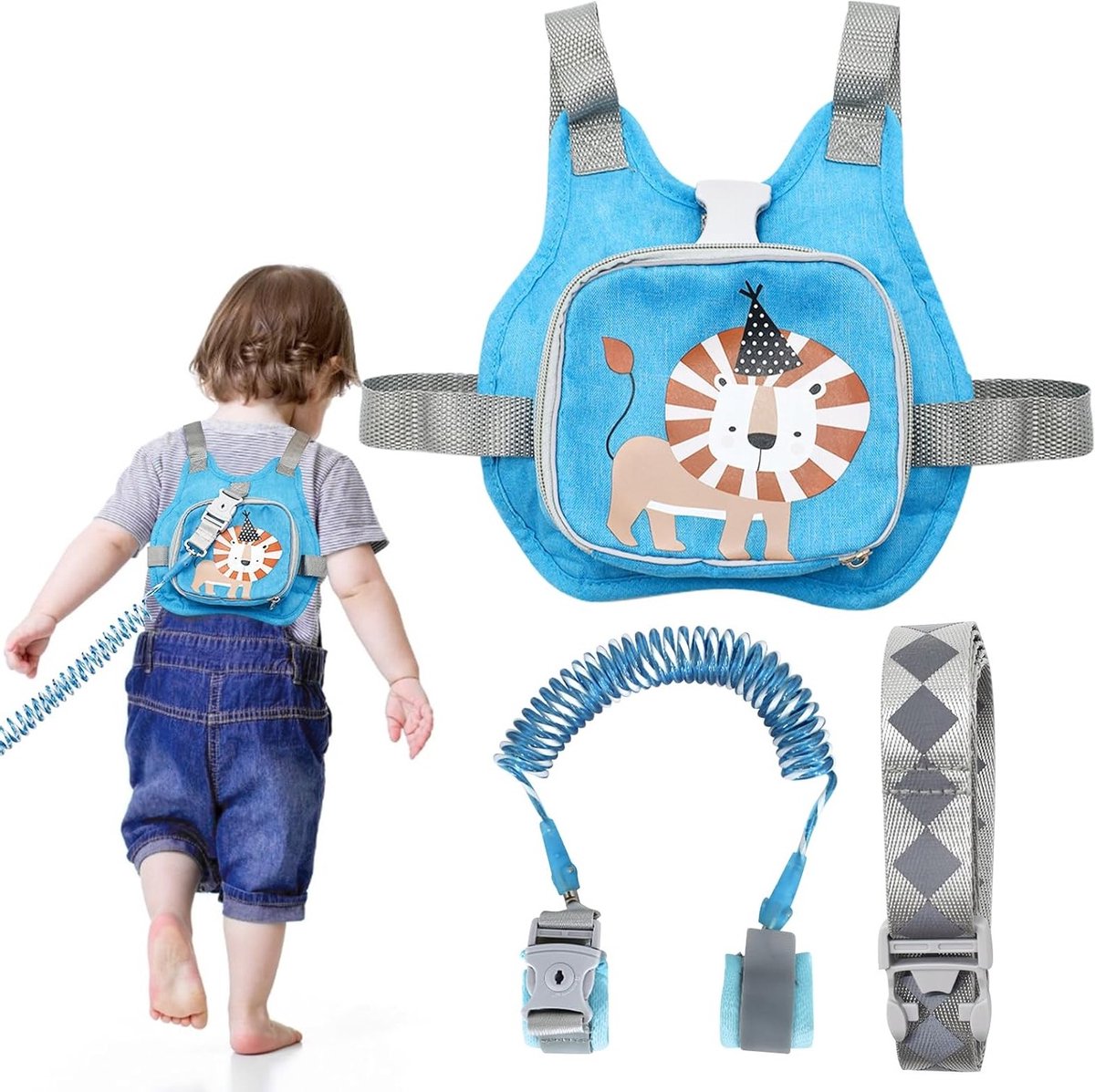 Veiligheidsharnas voor Kinderen, 4-in-1 Rugzak met Anti-Verlies Band, Geschikt voor Peuters van 1 tot 5 Jaar, Blauw, Ideaal voor Wandelen en Spelen