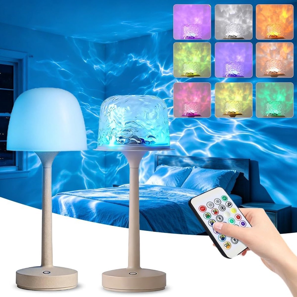 Oceaanlamp met watergolfeffect, 16 kleuren, waterdicht en oplaadbaar voor sfeervolle badkamerverlichting met aanraakbediening en afstandsbediening