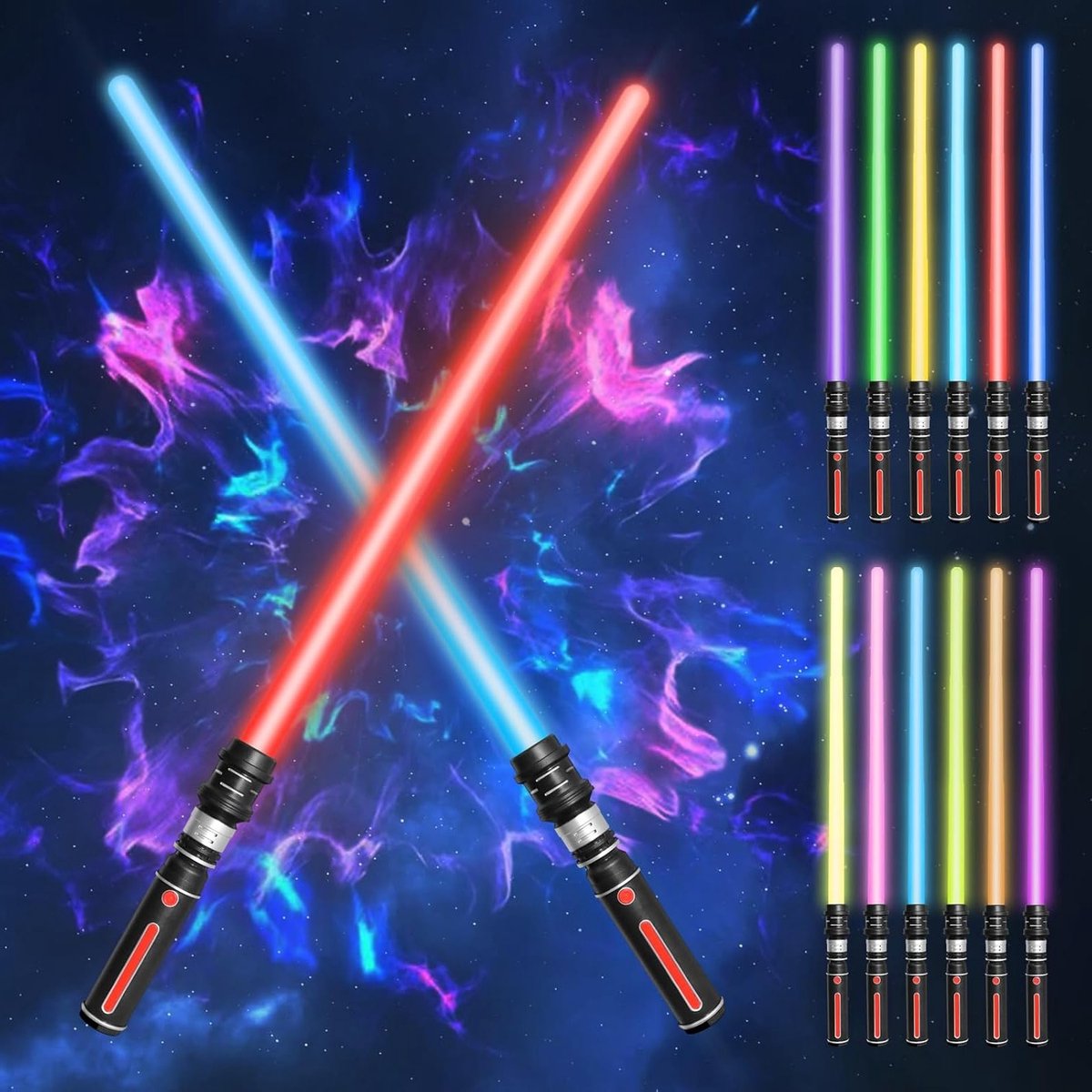 Lichtzwaard met 12 Kleuren, 2 Stuks Laser Zwaard voor Kinderen en Volwassenen, FX Lichtzwaard met Film Geluidseffecten voor Feestjes, Cadeau en Cosplay