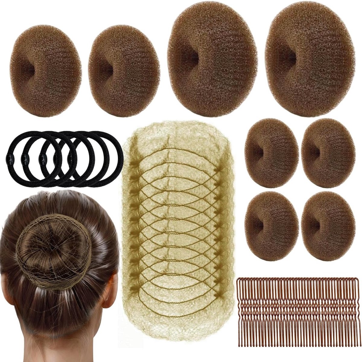 Complete Set van 63 Haar Donuts in Diverse Maten, Haar Bollen Maker met Glijdende Spelden en Rubber Bands voor Vrouwen, Kinderen en Balletdansers - Perfect voor Haarstyling en Creatieve Coiffures