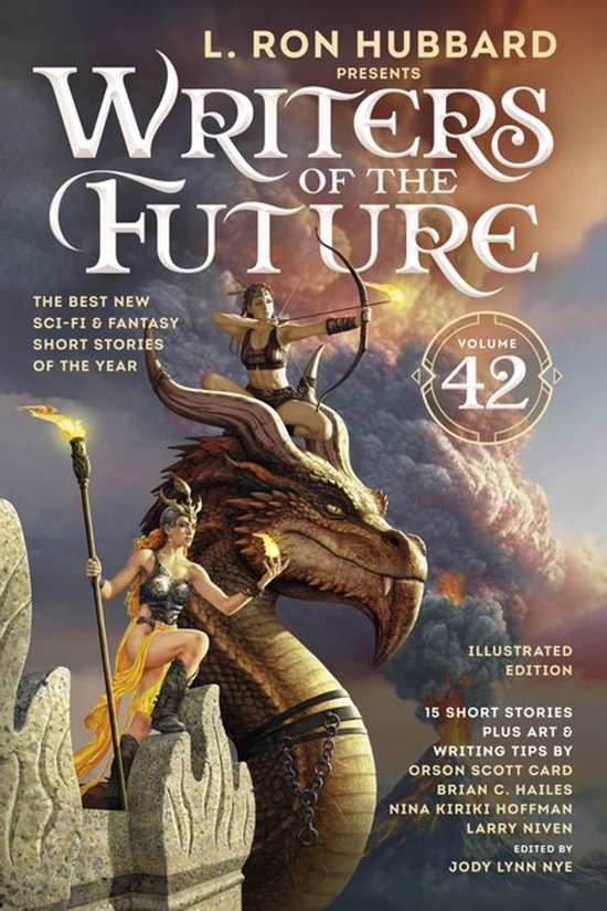 De cover van 'Writers of the Future Volume 42' toont een draak met twee vrouwen, één met een fakkel en één met een boog.